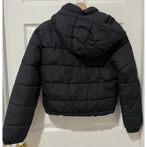 Aeropostale Cropped Puffer Jacket Womens XS Black Hooded Y2K Style Winter Coat - Picture 12 of 12